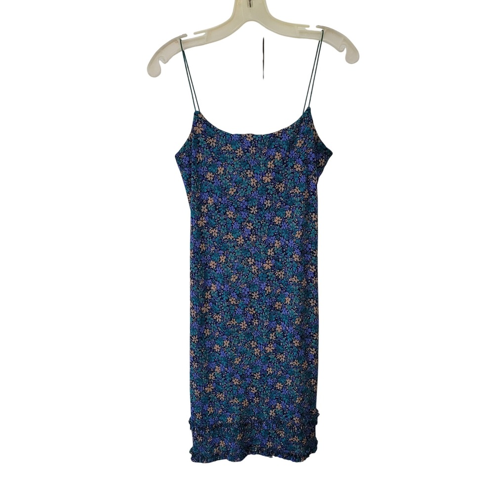 Byer Too! Women‎ Size L Mini Slip Dress Teal Blue Floral 90s Vintage Ruffle Hem